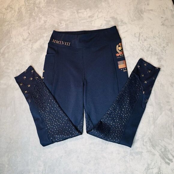 RARE Aubrion Sz 8 Team Riding Tights Navy Blue Leggings Equestrian Style - Picture 3 of 16
